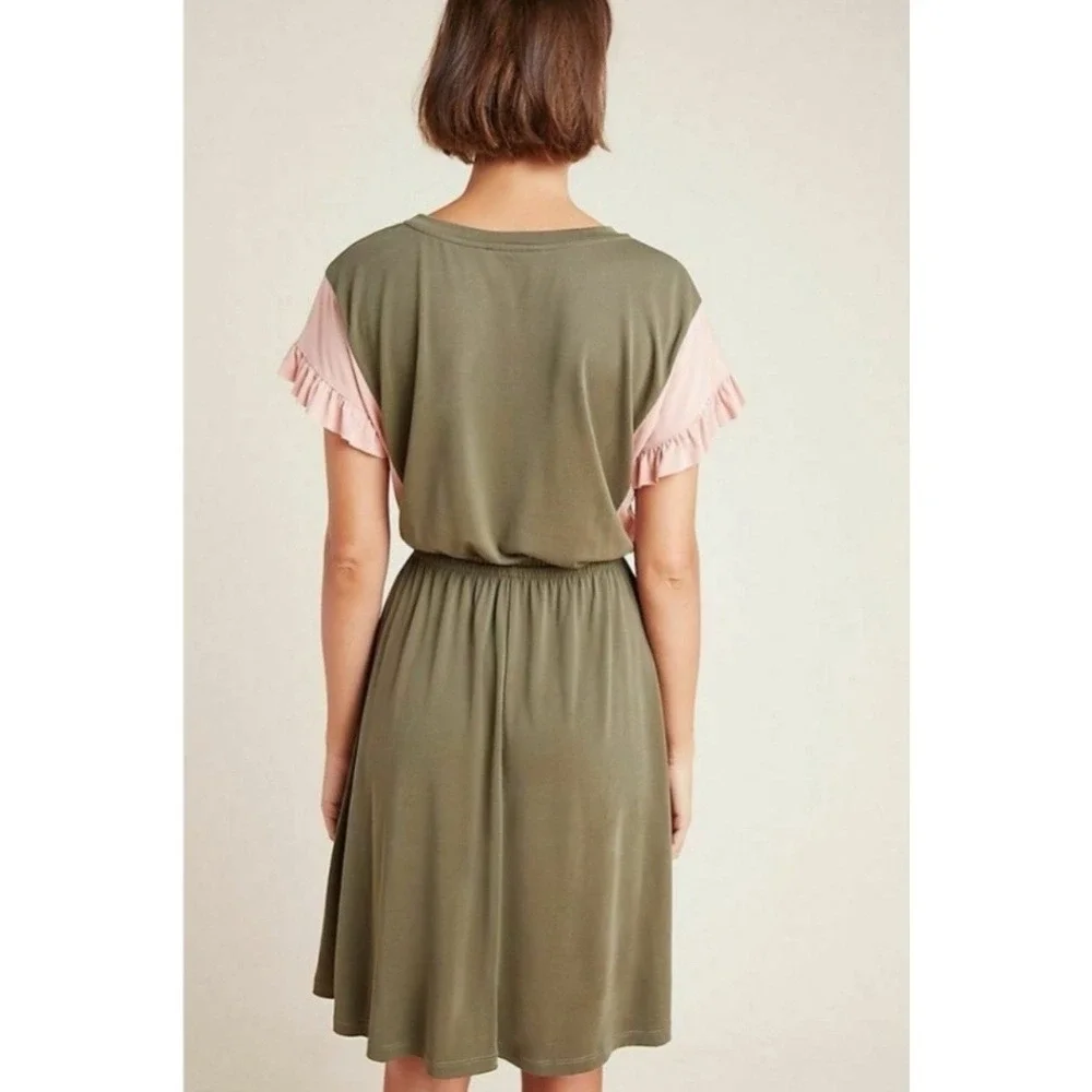 NWT Anthropologie COA Size SMALL Dress Women's Pink Olive Green‎ Ruffle Sleeve
